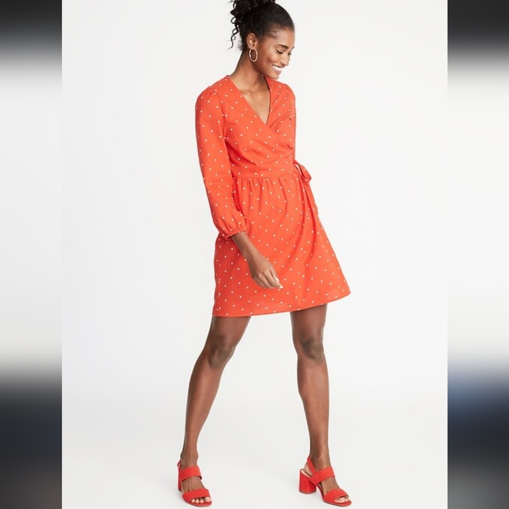 Old Navy Red Daisy Print Waist-Defined Wrap-Front 3/4 Sleeve Dress